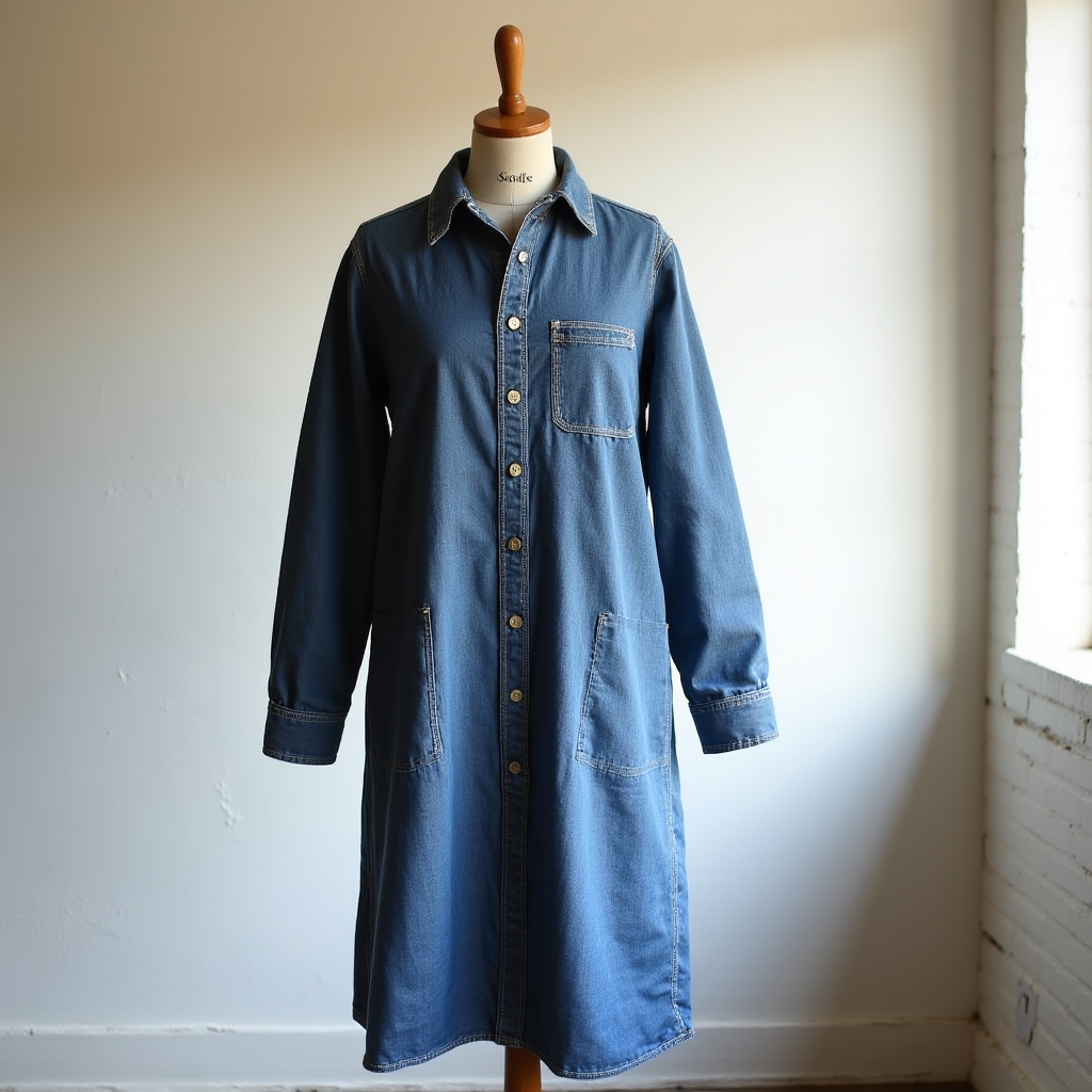 Classic chambray button-front midi dress with subtle stripe, handmade in Nashville Tennessee