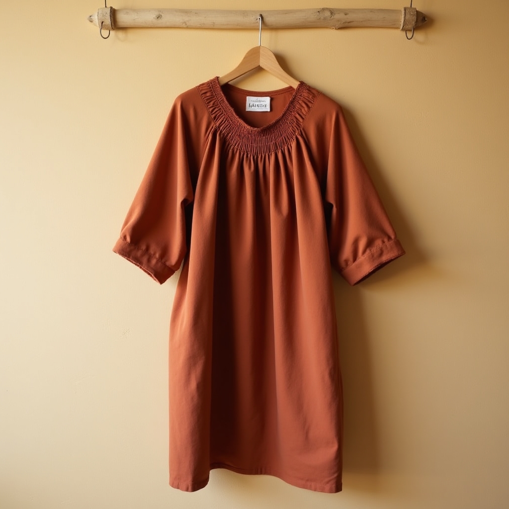 Relaxed organic cotton smock dress in terracotta, handmade in Denver Colorado