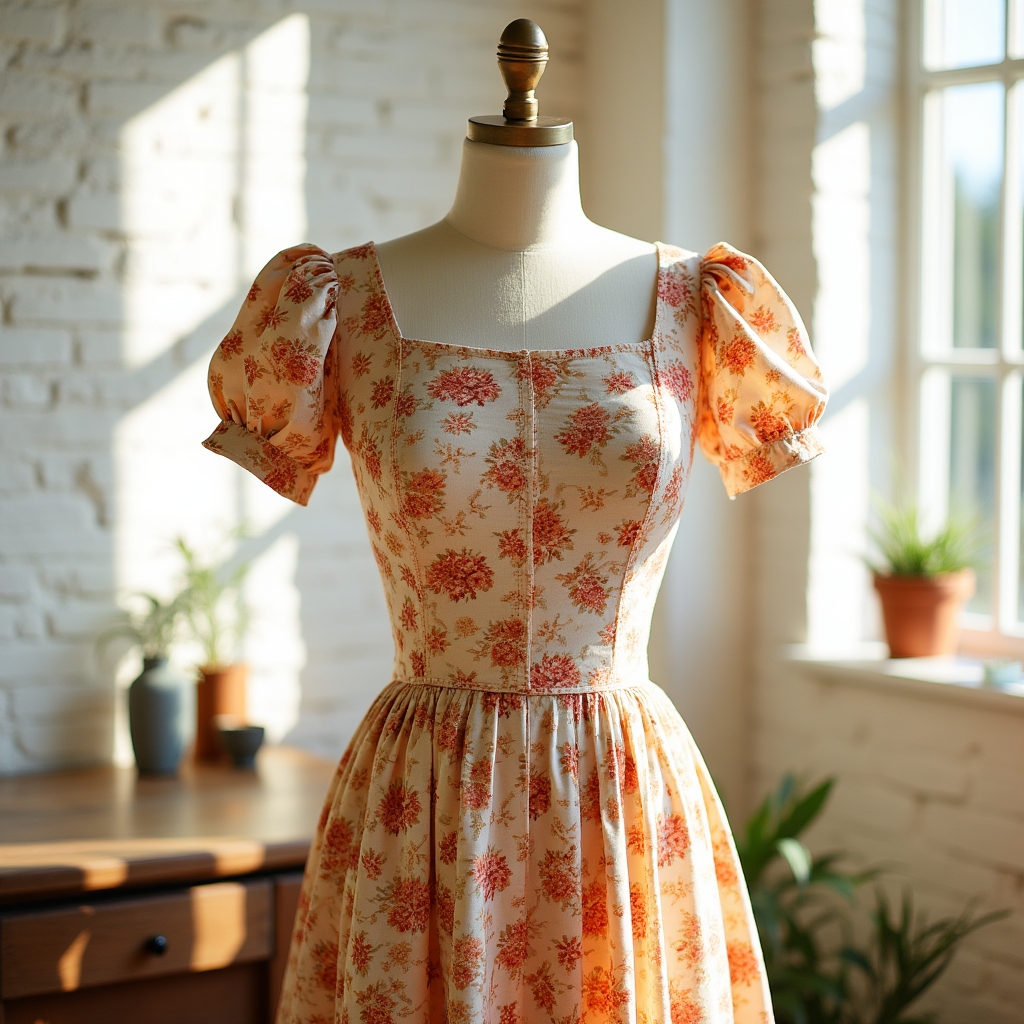 Vibrant deadstock floral print dress with puffed sleeves, handcrafted in Austin Texas