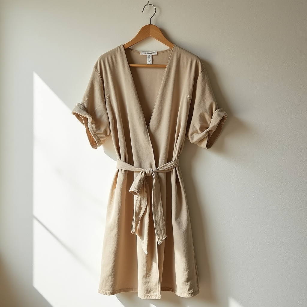 Natural linen wrap dress with tie waist, handmade in Portland Oregon