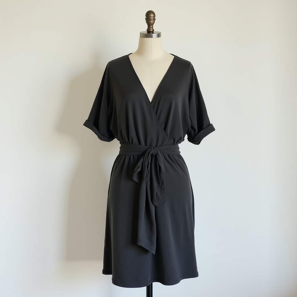 Minimalist recycled jersey wrap dress in charcoal, sewn in Chicago Illinois