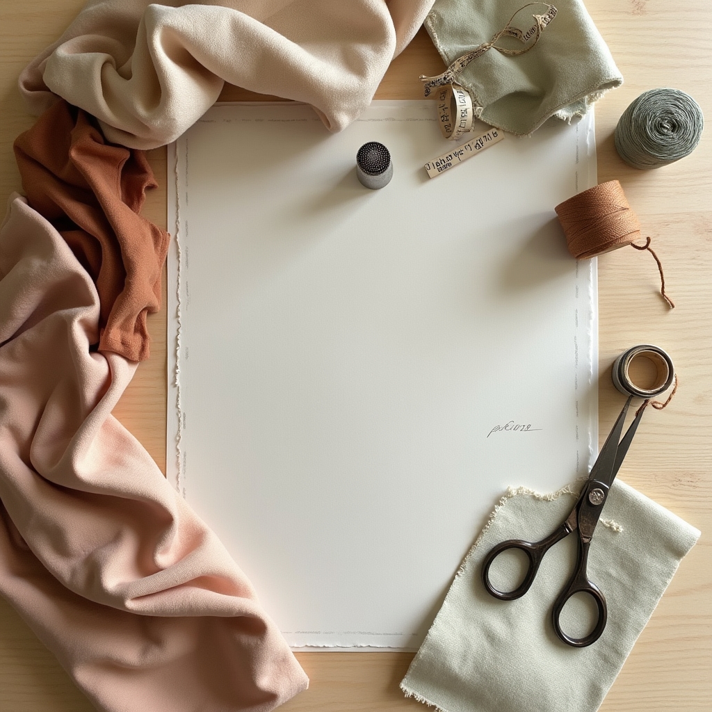Well-lit ethical garment maker workspace with organized tools, fabric swatches, and a sewing machine