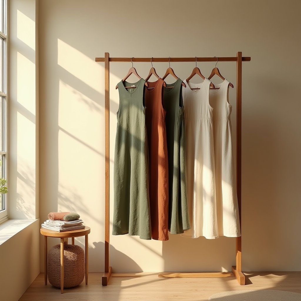 Sustainable handmade dresses displayed on a wooden rack in a naturally lit studio