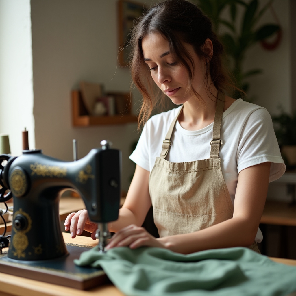 Independent dress maker sewing fabric at a studio workbench with natural light