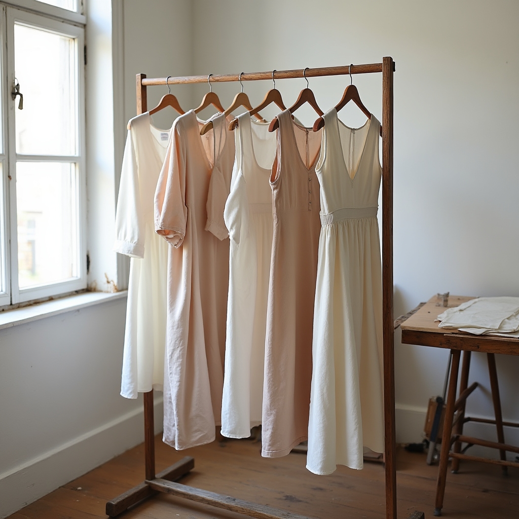 Small studio with a few dresses hanging on a rack, representing intentional limited production