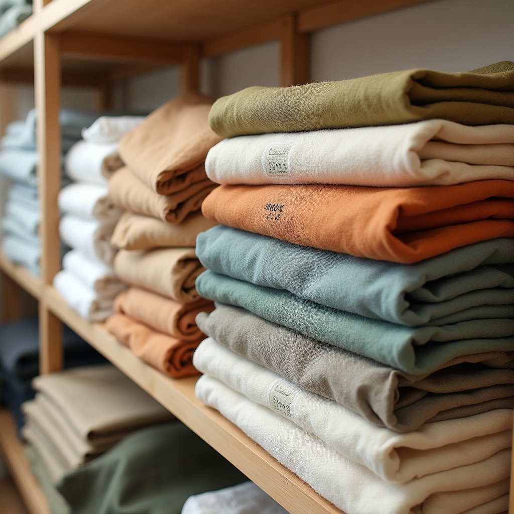 Rolls of organic and recycled fabric bolts in earth tones stacked on wooden shelving